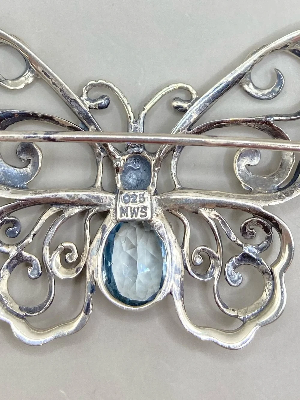 Vintage Mark Wasserman Samara MWS Sterling Silver and Blue Topaz Butterfly Brooc